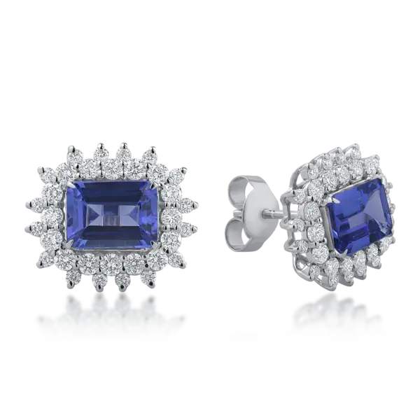 Cercei din aur alb cu tanzanite rectangulare de 3.31ct si diamante de 1.26ct