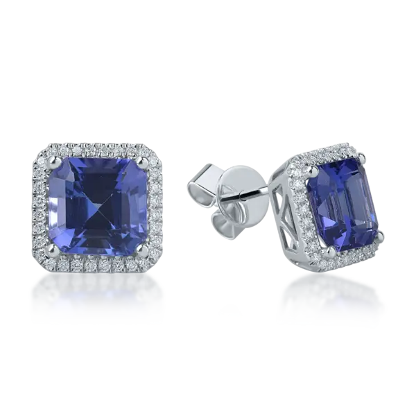 Cercei din aur alb cu tanzanite square de 7.14ct si diamante round de 0.52ct