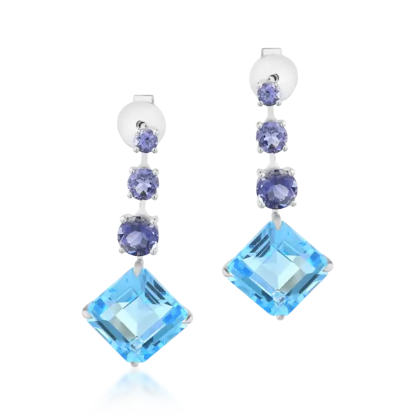 Cercei din aur alb cu topaze albastre octogonale de 11.4ct si iolite de 1.7ct