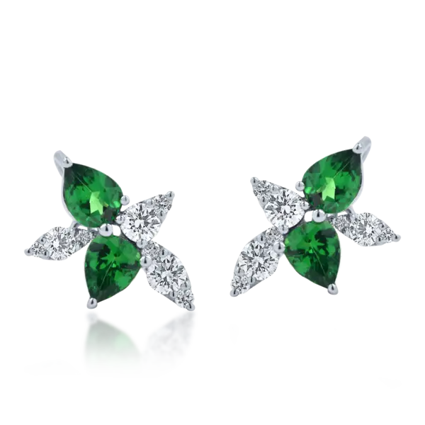 Cercei din aur alb cu tzavorite verzi pear si diamante de 1.5ct