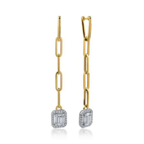Cercei din aur alb-galben cu diamante baguette si rotunde de 0.99ct
