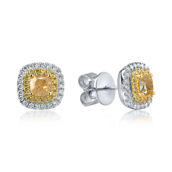 Cercei din aur alb-galben cu diamante galbene cushion si round si diamante incolore de 1.3ct