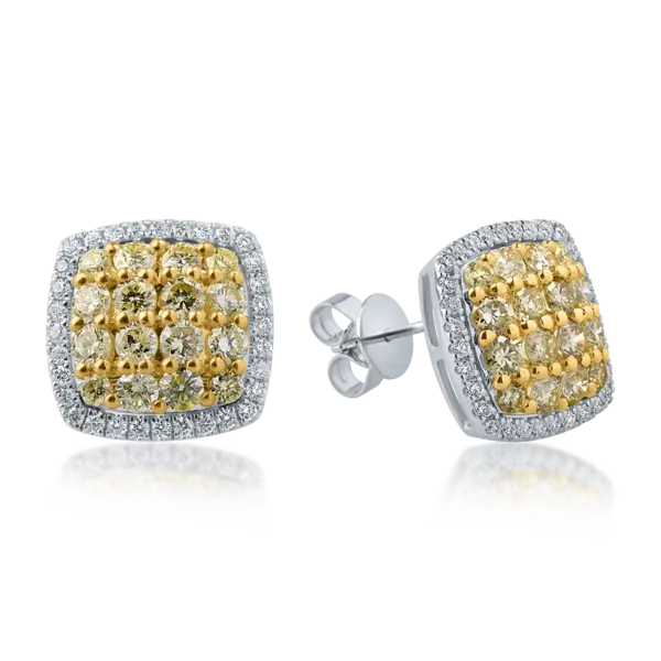 Cercei din aur alb-galben cu diamante galbene de 0.99ct si diamante transparente de 0.24ct