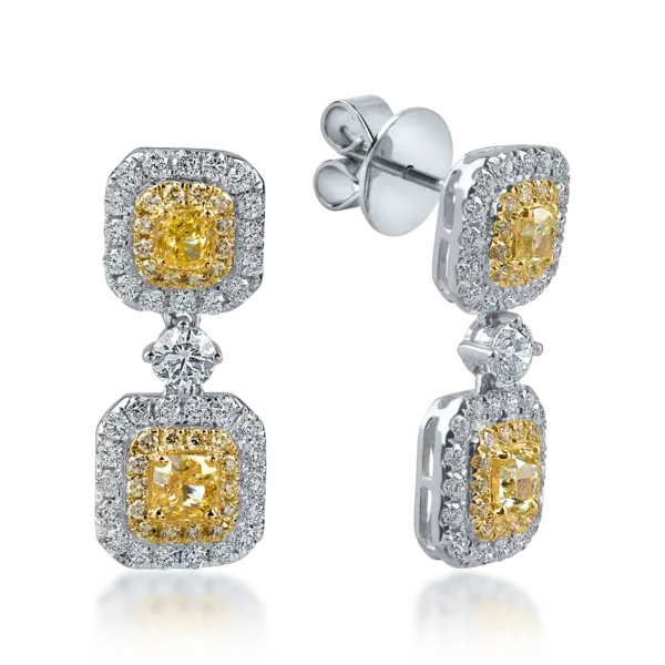 Cercei din aur alb-galben cu diamante galbene de 1.58ct si diamante incolore de 0.75ct