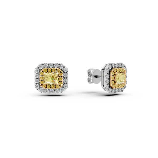Cercei din aur alb-galben cu diamante galbene rectangulare si rotunde de 0.1ct si diamante de 0.65ct