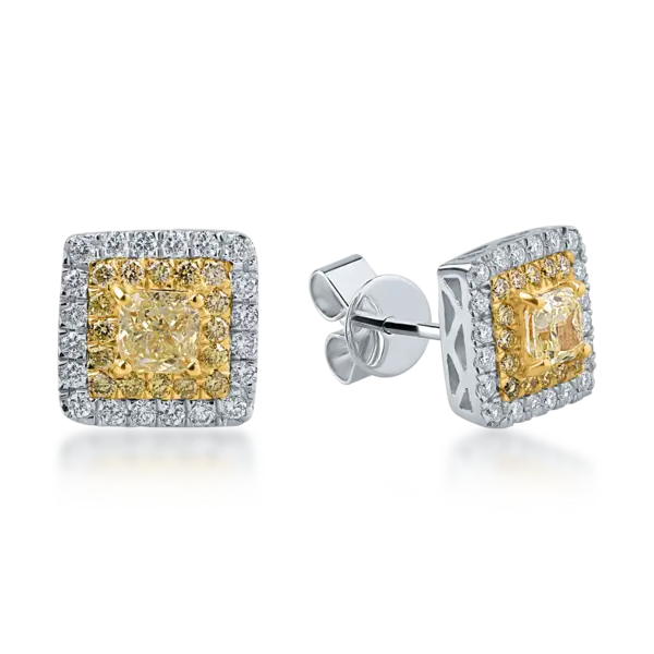Cercei din aur alb-galben cu diamante galbene si incolore de 1.31ct taietura cushion si round