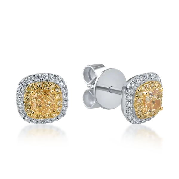 Cercei din aur alb-galben cu diamante galbene si incolore de 1.37ct taietura cushion si round