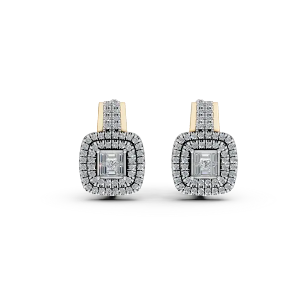 Cercei din aur alb-galben cu diamante princess,baguette si rotunde de 0.58ct