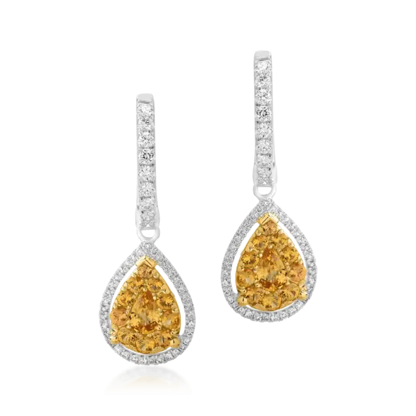 Cercei din aur alb-galben cu safire galbene pear si rotunde de 1.04ct si diamante de 0.41ct