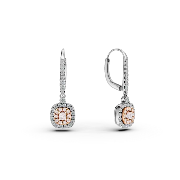 Cercei din aur alb-roz cu diamante incolore de 0.55ct si diamante roz cushion si rotunde de 0.36ct