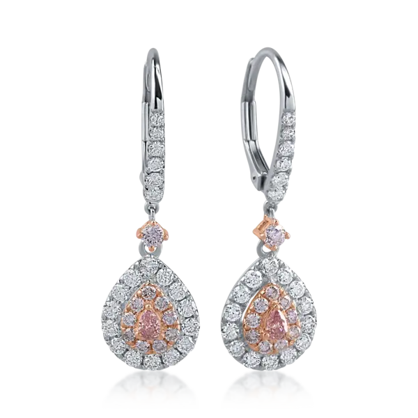 Cercei din aur alb-roz cu diamante incolore de 0.66ct si diamante roz pear si rotunde de 0.41ct