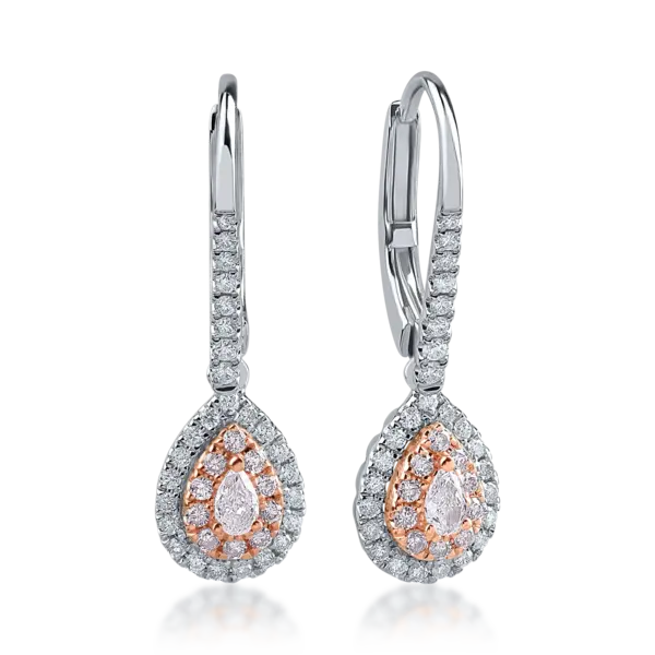 Cercei din aur alb-roz cu diamante roz pear si rotunde de 0.38ct si diamante incolore de 0.35ct