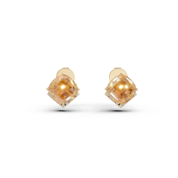 Cercei din aur galben cu citrine cushion de 5ct si diamante de 0.1ct