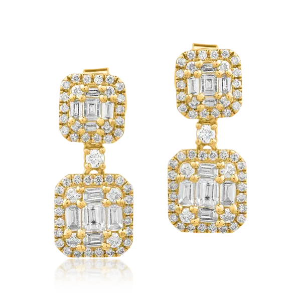 Cercei din aur galben cu diamante baguette si rotunde de 0.89ct