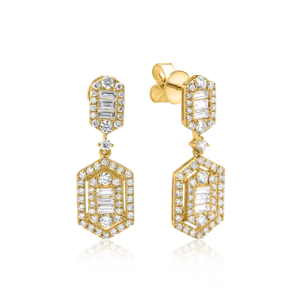 Cercei din aur galben cu diamante baguette si rotunde de 1.2ct