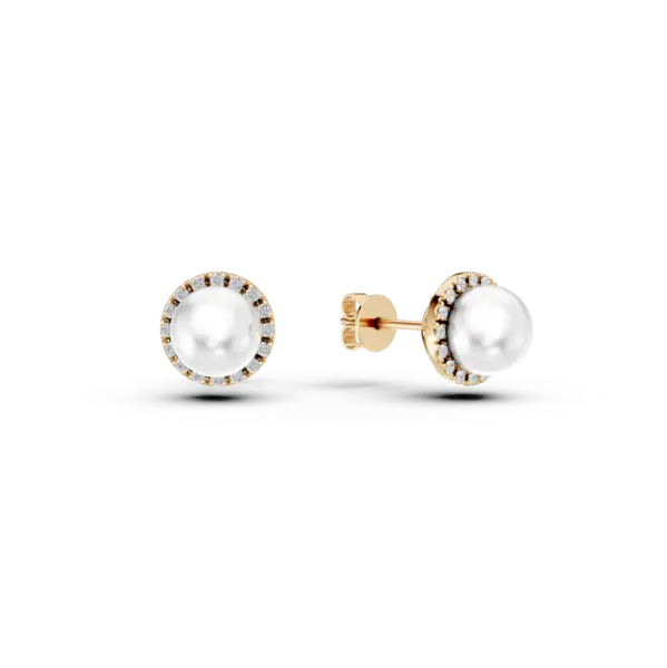 Cercei din aur galben cu diamante de 0.093ct si perle de cultura