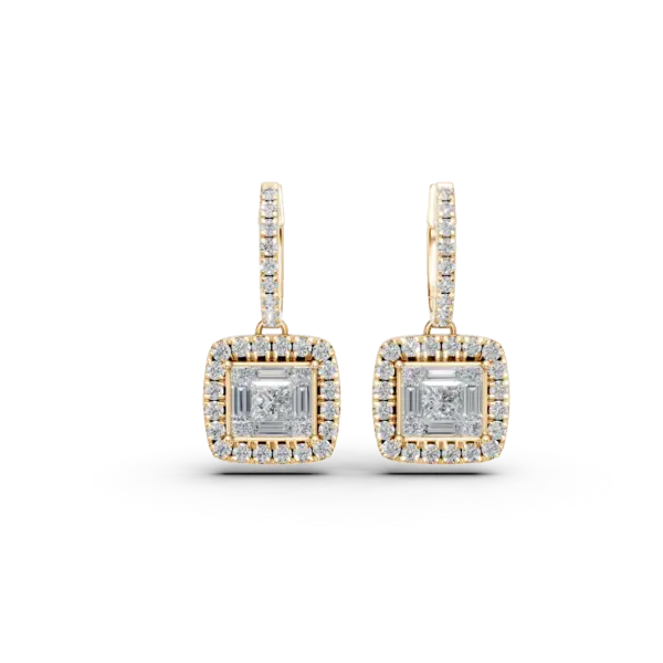 Cercei din aur galben cu diamante princess,baguette si rotunde de 1.36ct