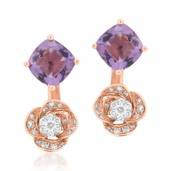 Cercei din aur roz cu ametiste de 2.2ct si diamante de 0.2ct