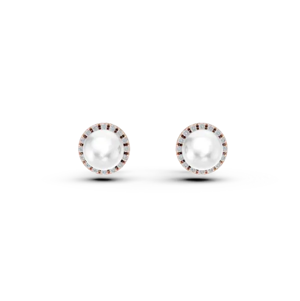 Cercei din aur roz cu diamante de 0.093ct si perle de cultura