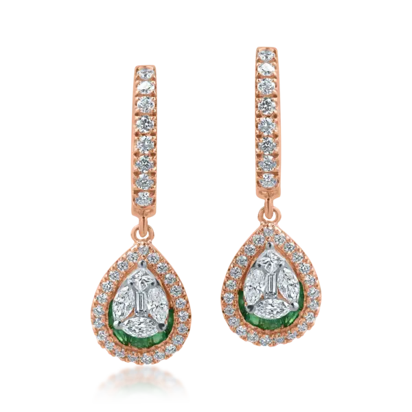 Cercei din aur roz cu diamante de 1.05ct si smaralde de 0.5ct