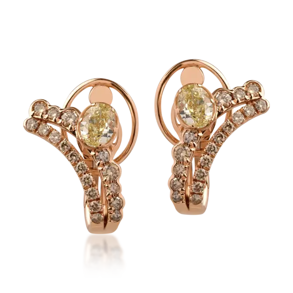 Cercei din aur roz cu diamante fancy galbene ovale de 1.63ct si diamante maro round de 1.1ct