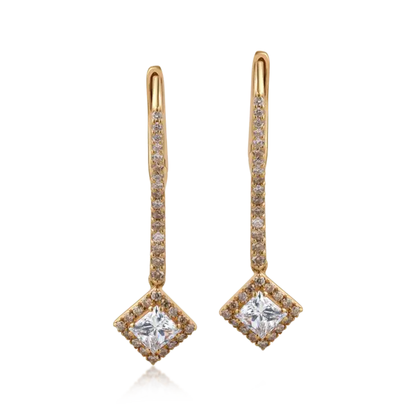 Cercei din aur roz cu diamante incolore de 1.22ct si diamante maro princess si round de 0.45ct