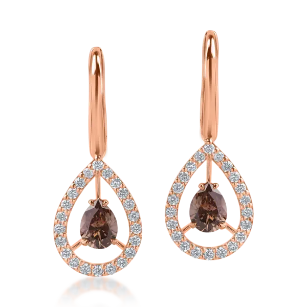 Cercei din aur roz cu diamante maro pear de 0.98ct si diamante incolore de 0.47ct