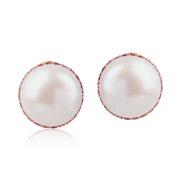 Cercei din aur roz cu perle de cultura si pietre pretioase de 0.8ct
