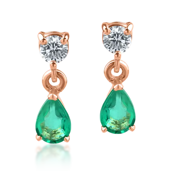 Cercei din aur roz cu smaralde pear de 0.5ct si diamante de 0.2ct