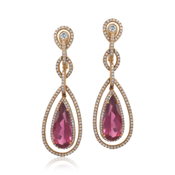 Cercei din aur roz cu turmaline roz pear de 6.7ct si diamante round de 1.27ct