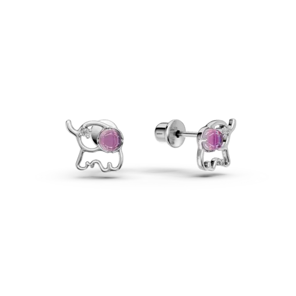 Cercei elefant din aur alb cu ametiste de 0.09ct si diamante de 0.008ct pentru copii