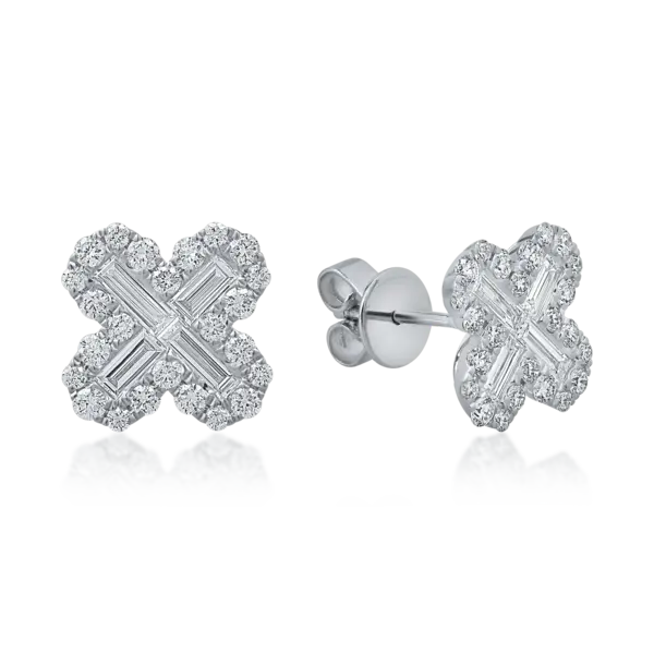 Cercei floare din aur alb cu diamante baguette si rotunde de 1.1ct