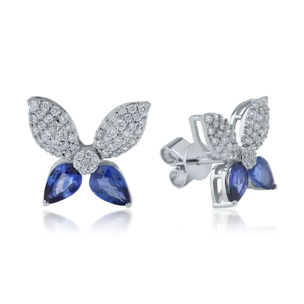 Cercei floare din aur alb cu safire pear de 1.86ct si diamante de 0.6ct