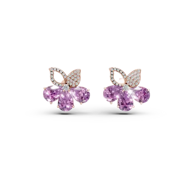 Cercei floare din aur roz cu ametiste pear de 5.9ct si diamante de 0.4ct