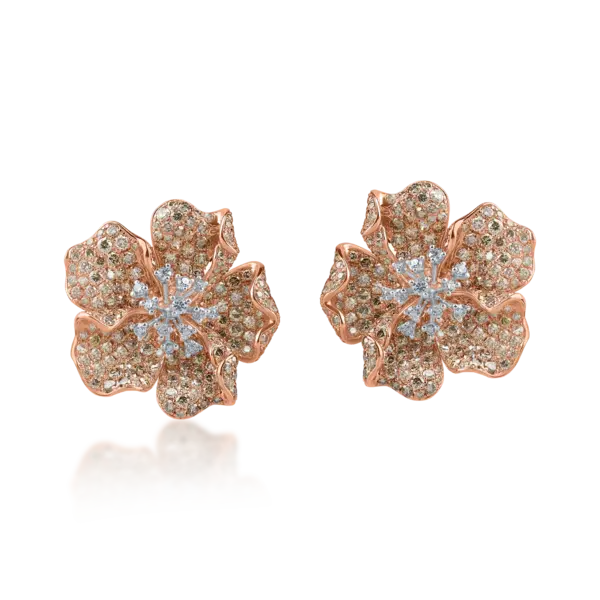 Cercei floare din aur roz cu diamante maro si incolore de 6.6ct
