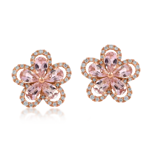Cercei floare din aur roz cu turmaline roz pear de 1.9ct si diamante de 0.31ct