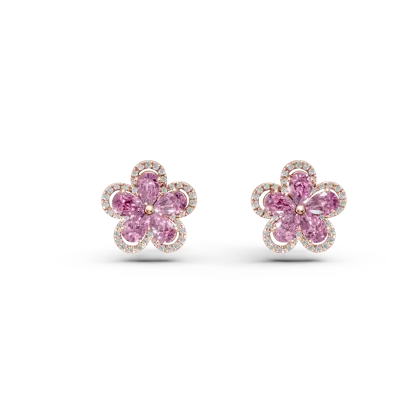 Cercei floare din aur roz cu turmaline roz pear de 2.1ct si diamante de 0.29ct