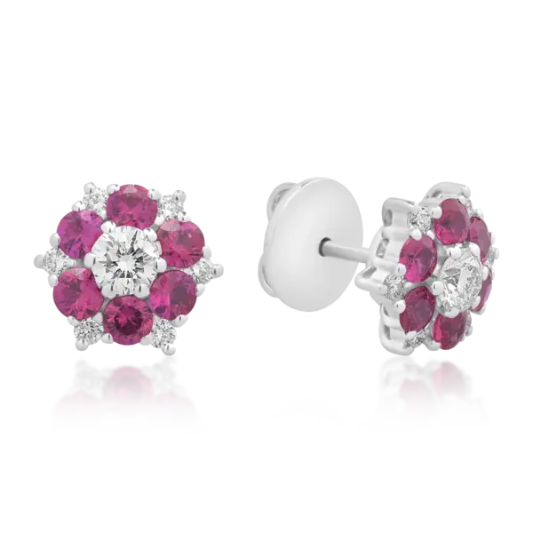 Cercei florali din aur alb cu rubine de 1.2ct si diamante de 0.6ct