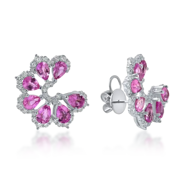 Cercei florali din aur alb cu safire roz pear de 2.61ct si diamante de 0.57ct