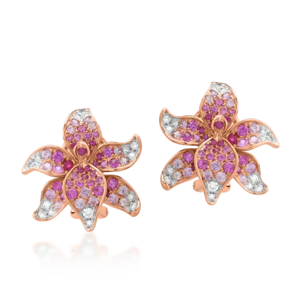 Cercei florali din aur roz cu pietre pretioase de 2.1ct