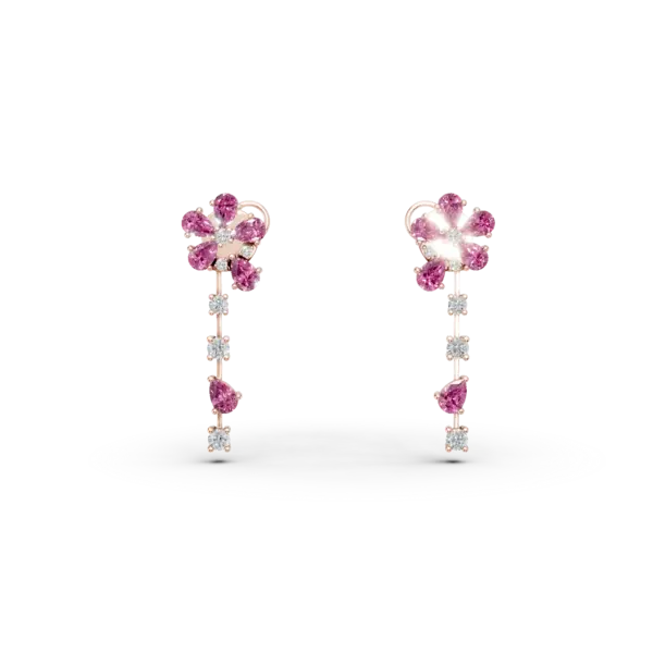 Cercei florali din aur roz cu safire roz pear de 2.1ct si diamante de 0.37ct