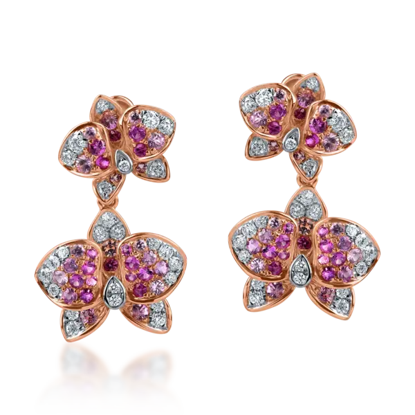 Cercei flori din aur roz cu safire roz de 0.8ct si diamante de 0.4ct
