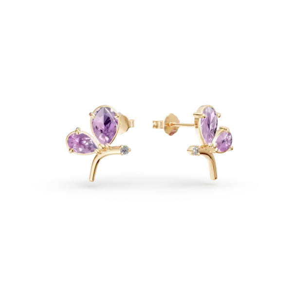 Cercei fluturi din aur galben cu ametiste pear de 1.7ct si zirconii