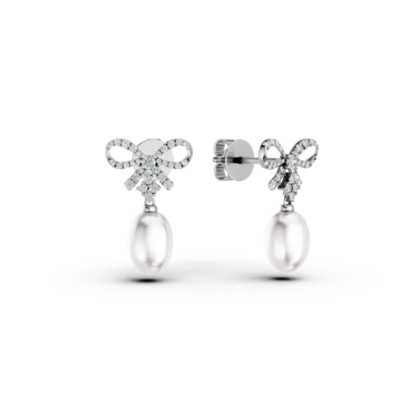 Cercei fundite din aur alb cu perle de cultura si diamante de 0.4ct