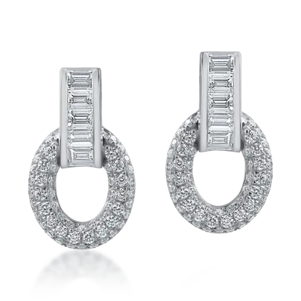 Cercei geometrici din aur alb cu diamante baguette si rotunde de 0.87ct