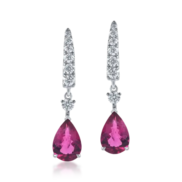 Cercei geometrici din aur alb cu rubelite pear si diamante de 2.8ct