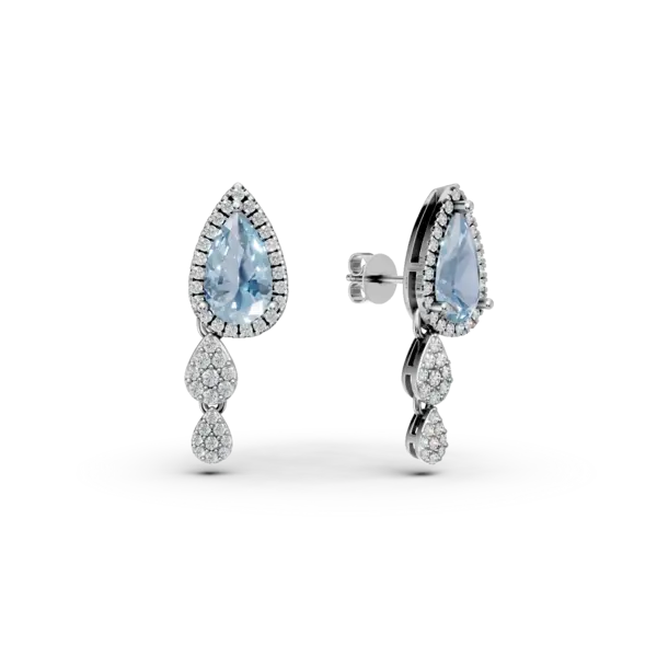 Cercei geometrici din aur alb cu topaze albastre pear de 2.8ct si diamante de 0.6ct