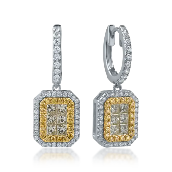 Cercei geometrici din aur alb-galben cu diamante galbene princess si rotunde si diamante incolore de 1.5ct