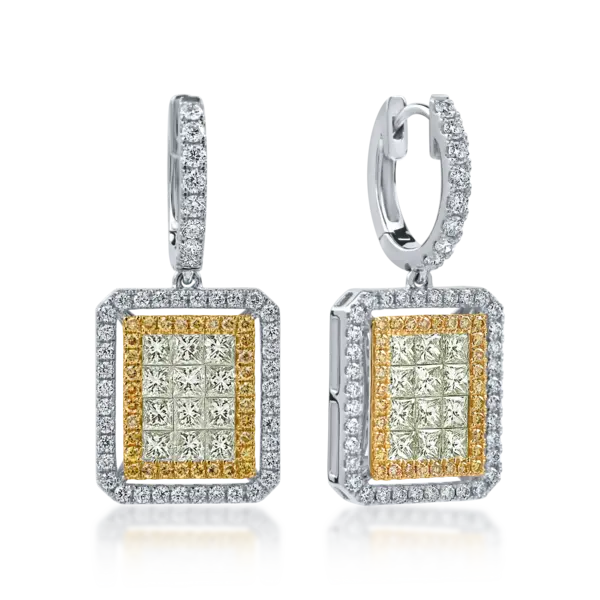 Cercei geometrici din aur alb-galben cu diamante galbene si incolore round si princess de 2.6ct
