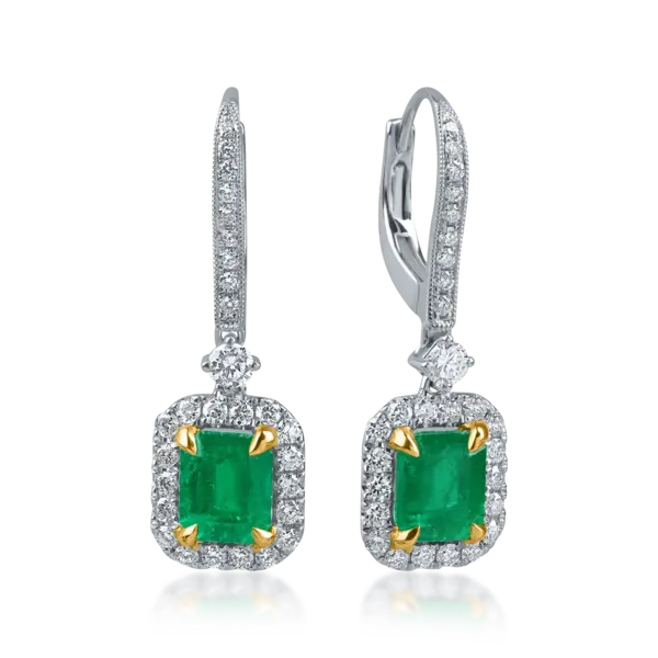 Cercei geometrici din aur alb-galben cu smaralde emerald si diamante round de 2.3ct
